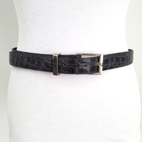 Perry Ellis Accessories - PERRY ELLIS Women's Black Leather Croc Belt Silvertone Square Buckle Distressed